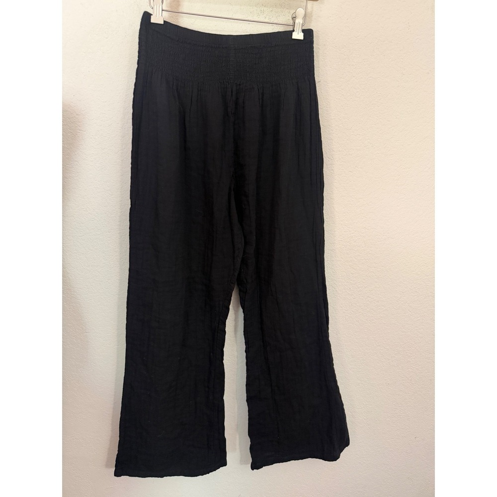 Lotus and Luna Black 100% Cotton Gauze Smocked Wide Leg Pants M Medium Pull On